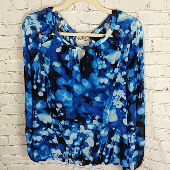 Blue, Black,White Watercolor Effect Dressy Top - Picture 1 of 8